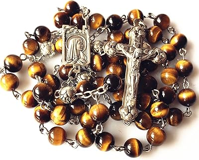 elegantmedical CATHOLIC Tiger Eye & Silver Rose Beads ROSARY CROSS crucifix necklace