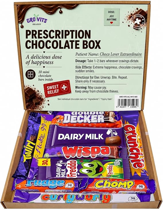 GRO VITS - Prescription Chocolate Gift Box - 10 Mini Chocolate Bars Funny Gifts Chocolate Gift Box Perfect for Get Well Soon Gifts, Presents, Birthdays, Fathers Day Gifting And Treats