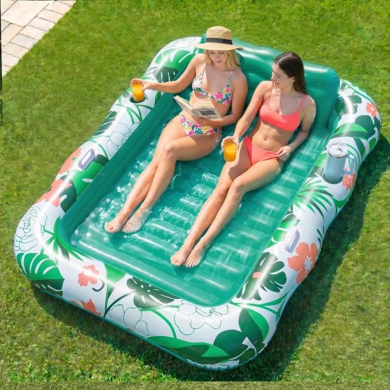 HLDIRECT Inflatable Tanning Pool Lounger Float with Cup Holder & Backrest