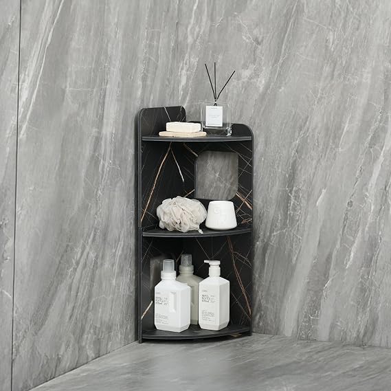 Black 3-Tier Small Corner Shelf Stand, Waterproof Bathroom Storage, Toilet Paper Storage, Corner Table for Small Spaces (Black)
