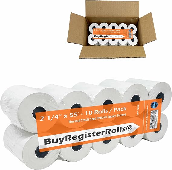 Receipt Paper Roll for Square Terminal Credit Card Machine 2 1/4 x 55 (10 rolls - 48 GSM Paper Thickness) BuyRegisterRolls
