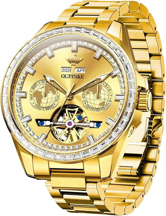 OUPINKE Watch for Men Automatic Wristwatch Diamond Sapphire Crystal Skeleton Luminous 3D Dial with 5ATM Waterproof Luxury Stainless Steel Strap Glod