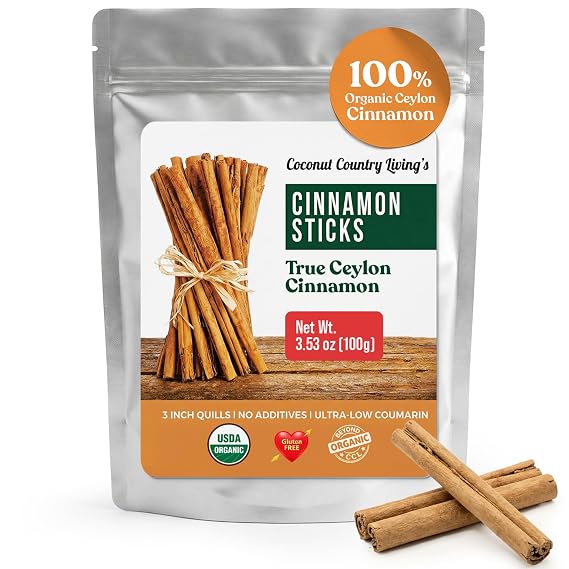 Organic Ceylon Cinnamon Sticks 3.5 oz - True Cinnamon from Sri Lanka | Low Coumarin, Whole 3 Inch Quills, USDA Organic, Non-GMO, Gluten-Free, Fair Trade, for Tea, Baking and Cooking