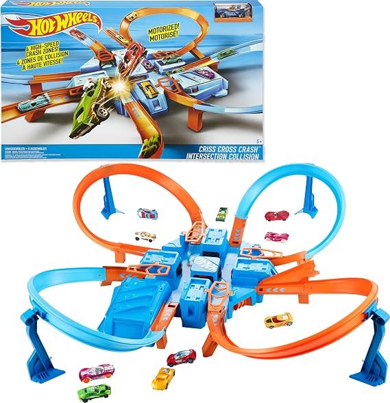 Hot Wheels Track Set with 1:64 Scale Toy Car, 4 Intersections for Crashing, Powered by a Motorized Booster, Criss-Cross Crash Track | Playset with 1:64 Scale Toy Car &4 Intersections for Crashing, Powered by a Motorized Booster