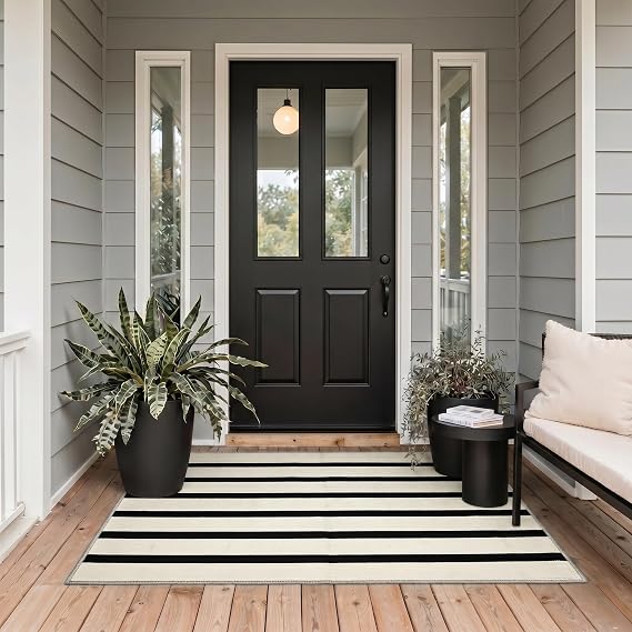 GENIMO Outdoor Rug 2'x3' for Patio, Machine Washable Indoor Striped Entry Mats for Front Door, Camping Rug for RV, Camper, Balcony, Backyard, Picnic, Deck(White & Black)