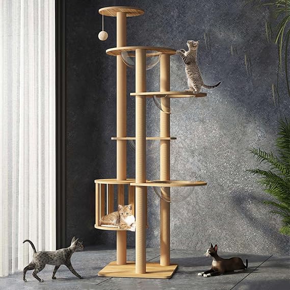 183 CM Cat tree,Stable Cat Scratching Post for Indoor Cats with 4 bowl,Multi-Level Cat Climbing Tower with Posts Fully Wrapped in Natural Sisal Rope,Cat tree for large cats.(YN-105)