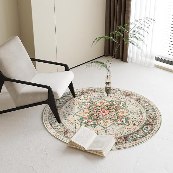 Round Rug for Living Room, 3Ft Round Washable Rug, Boho Small Circle Kitchen Area Rugs, Non Slip Low Pile Circular Rugs, Soft Round Carpet for Bedroom, Office, Kitchen Entryway, Bathroom (CreamGreen)