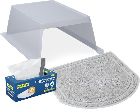 PetSafe ScoopFree Clumping Automatic Self Cleaning Cat Litter Box Hood and Accessory Bundle – Includes Litter Box Hood, Waste Bin Liners for Easy Cleanup and Litter Mat for Less Tracking and Mess | Includes Front-Entry Privacy Hood, Anti-Tracking Litter Mat, and 25 Waste Bin Liners for Less Tracking and Mess