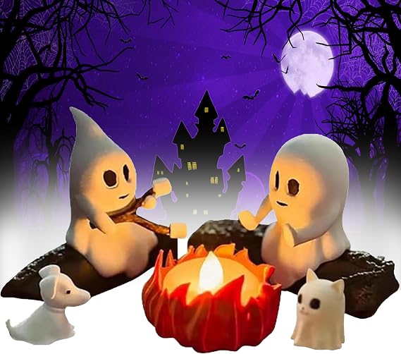 2025 Ghost Campfire Gathering, 3D Halloween Nightlight, Cute Cozy Spooky Statue Halloween Decorations for Home Mantel or Desk, D