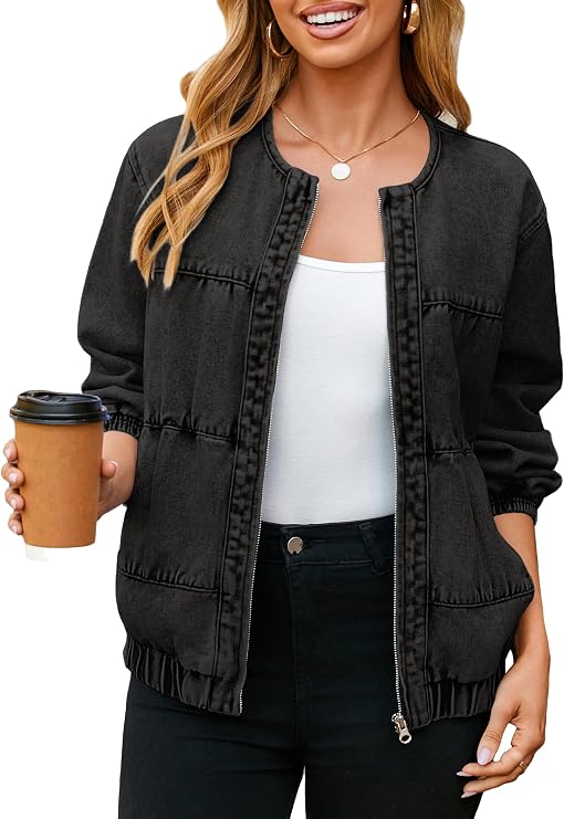 Glamaker Womens Denim Bomber Jacket Trendy Casual Zip Up Crew Neck Long Sleeve Loose Fit Jean Jacket Fall Outfits