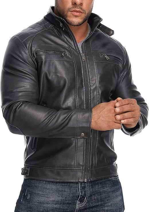 HOOD CREW Mens Stand Collar Leather Jacket Casual Faux Leather Motorcycle Jacket Outerwear Coat with Zipper Pockets