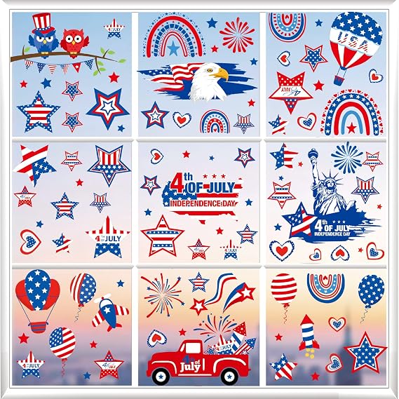 101Pcs 9 Sheets 4th of July Window Clings, Memorial Day Decorations Stickers, Red White and Blue Decorations, Patriotic Independence Day Holiday Decor for Inside Outside (8x12inch)