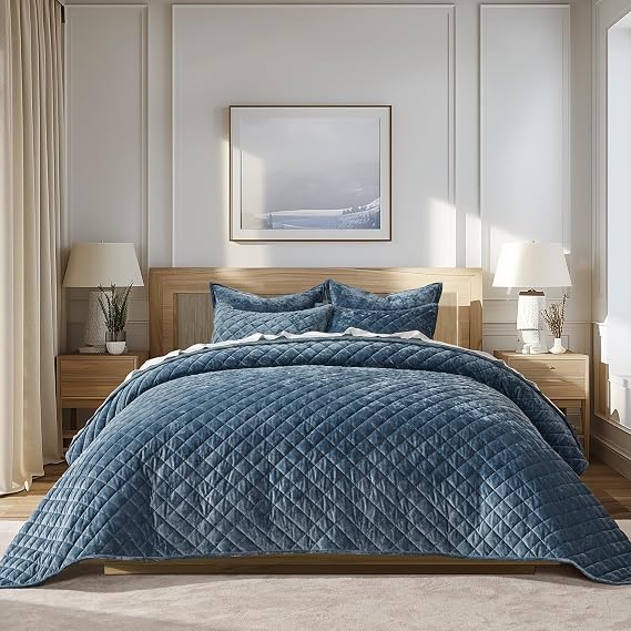 EverGrace Oversized Luxury Velvet Diamond Quilted Set, King, Stormy Blue
