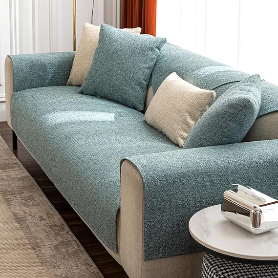 Sofa Covers L/U Shaped Corner Couch Cover 1 2 3 4 Seater Non-Slip Sofa Slipcovers For Leather/Wooden/Fabric Sofa Rebellious Cat Anti-Scratch Blanket Cotton Linen Braiding(Pillowcase:30X50cm,Green)