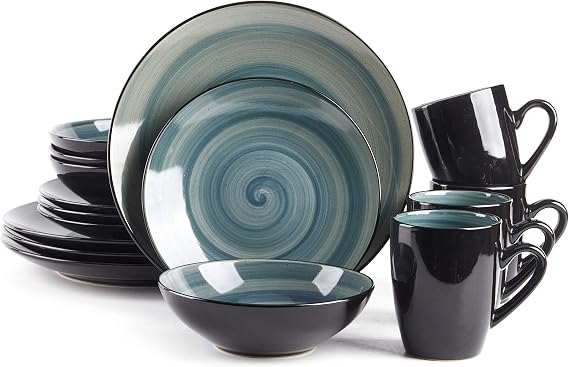 HomeVss, Stoneware Sonoma 16pc Dinnerware Set, Black + Speckled Spin Wash Blue