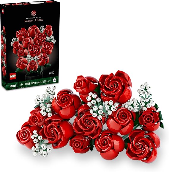 LEGO Botanicals Bouquet of Roses Artificial Flowers - Fake Red Roses Building Set for Adults, Ages 18+ Gifts for Birthdays for Her - Home Decor for Table Display - 10328