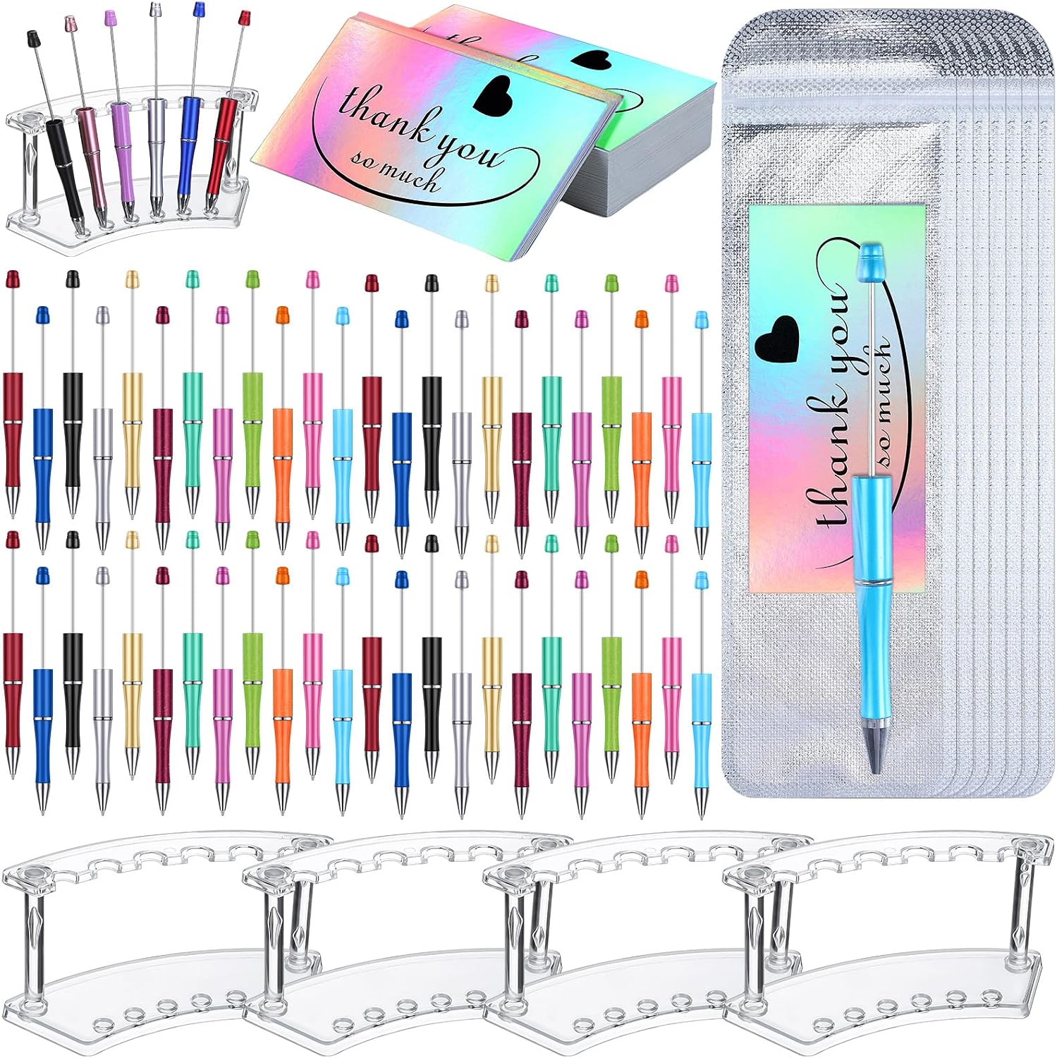 Tenceur 148 Pcs Beadable Pen Set Back to School Gift 48 Plastic Beadable Pen 48 Resealable Pouch Bag 48 Thank You Cards 4 Pcs Plastic Pen Holder Clear Display Stand for StudentBright Color