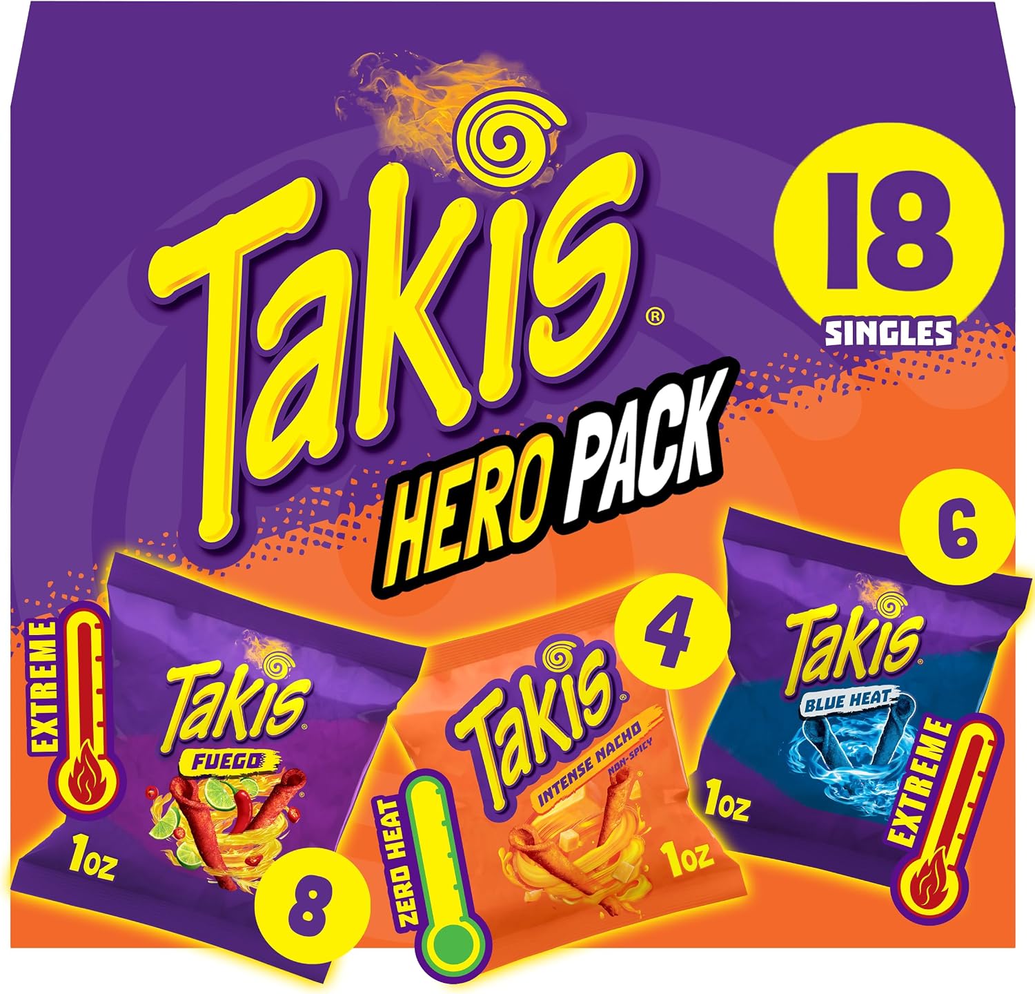Takis 18 pc  1 oz Hero Variety Pack, Assorted Flavored Mixed Rolled Tortilla Chips – 8 Fuego 1 oz, 6 Blue Heat 1 oz, 4 Intense Nacho 1 oz