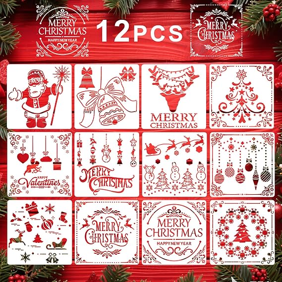 Reusable Christmas Stencils Set of 12 - Stencils for Painting On Wood, Walls, Fabric,Windows - Santa, Snowman, Pine Tree, Deer Xmas Holiday Stencil for Christmas Decorations (5B-Small)