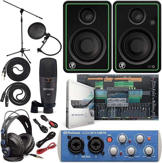Presonus AudioBox 96 Audio Interface Full Studio Bundle with Studio One Artist Software Pack with Mackie New CR3-XBT 3" Pair Multimedia Bluetooth Monitors and 1/4 Instrument Cables