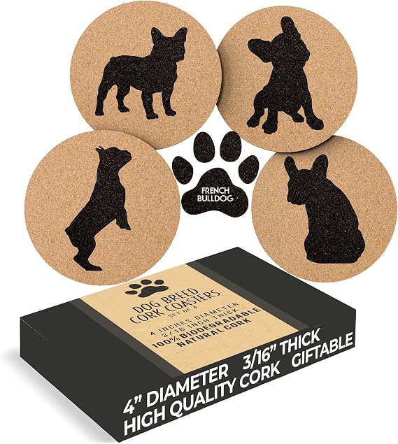 Greenline Goods French Bulldog Coasters - Set of 4 Dog Coasters with Protective Bottom - Frenchie Gift Idea