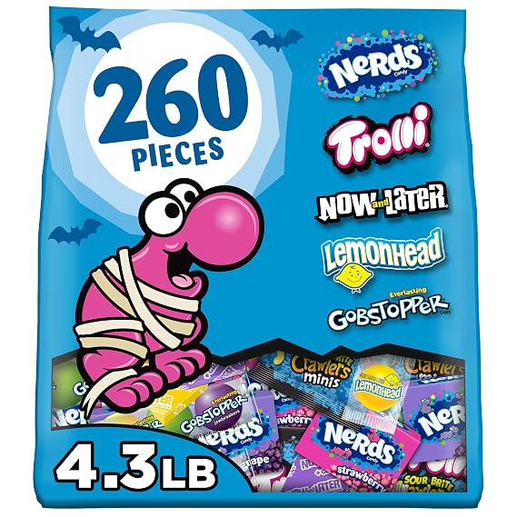 Halloween Candy Classic Fun Trick-or-Treat Assortment with Nerds, Trolli, Now and Later, Lemonhead, Gobstoppers, 260 Pieces, 69.3 Ounces, Variety Bag, 4.88 pounds