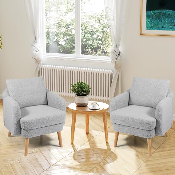 KOMFOTT Sherpa Accent Chair Set of 2, Upholstered Armchair with Seat Cushion, Lumbar Pillow & Rubber Wood Legs, Modern Single Sofa Chair Reading Chair for Living Room, Bedroom, Small Spaces, Grey