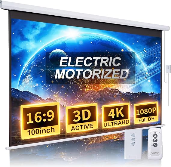 Motorized Projector Screen Pull Down 100 Inch 16:9 HD Automatic Projector Screen with Remote, Electric Retractable Projection Screen Portable, Roll Up Movie Screens for Projectors Outdoor Indoor White