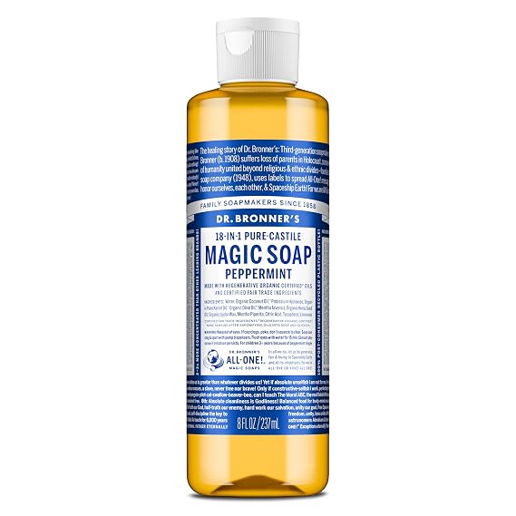 Dr. Bronner's Peppermint Pure-Castile Liquid Soap, Body Wash, 8 oz | 18-in-1 Uses: Body Wash & Hand Soap, Shampoo, Face, Laundry, Floors, Car, Pets & More, Fair Trade & Organic Oils, Travel Size
