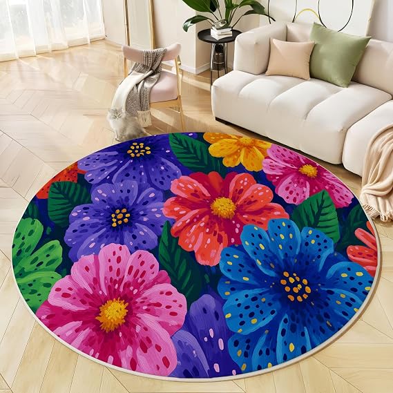 Bright Floral Round Rugs Living Room 60 cm, Spots Large Petals Design Machine Washable Area Rug, Low Pile Circle Bedside Non-Slip Carpets for Bedroom, Lounge, Hall Blue