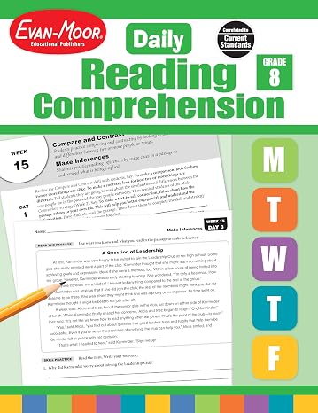 Evan-Moor Daily Reading Comprehension, Grade 8 - Homeschooling & Classroom Resource Workbook, Reproducible Worksheets, Teaching Edition, Fiction and Nonfiction, Lesson Plans, Test Prep