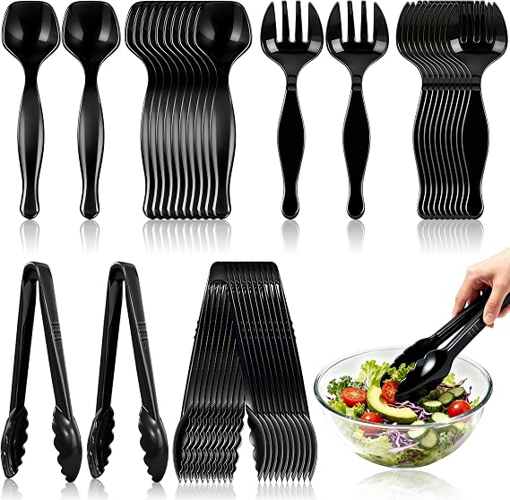 36-Piece Disposable Plastic Serving Utensils Set, Black, 9 Inch