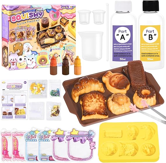 Bread Theme DIY Squishy Kit – 200g Fast‑Cure AB Liquid Silicone | 3 Colours, Tools, Resealable Bags, Ball Chains & Deco | Ages 6+ Bread‑Shaped Soft Toy Craft