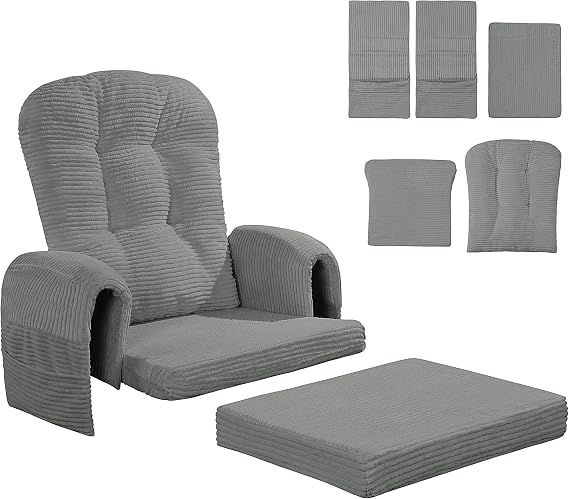 MABOZOO 5 PCS Corduroy Glider Rocker Replacement Cushions with Storage Side Pocket,Foam & Microfiber Filling, Non-Slip & Washable,Thickened & Supportive Rocking Chair Cushion Set(Gray)