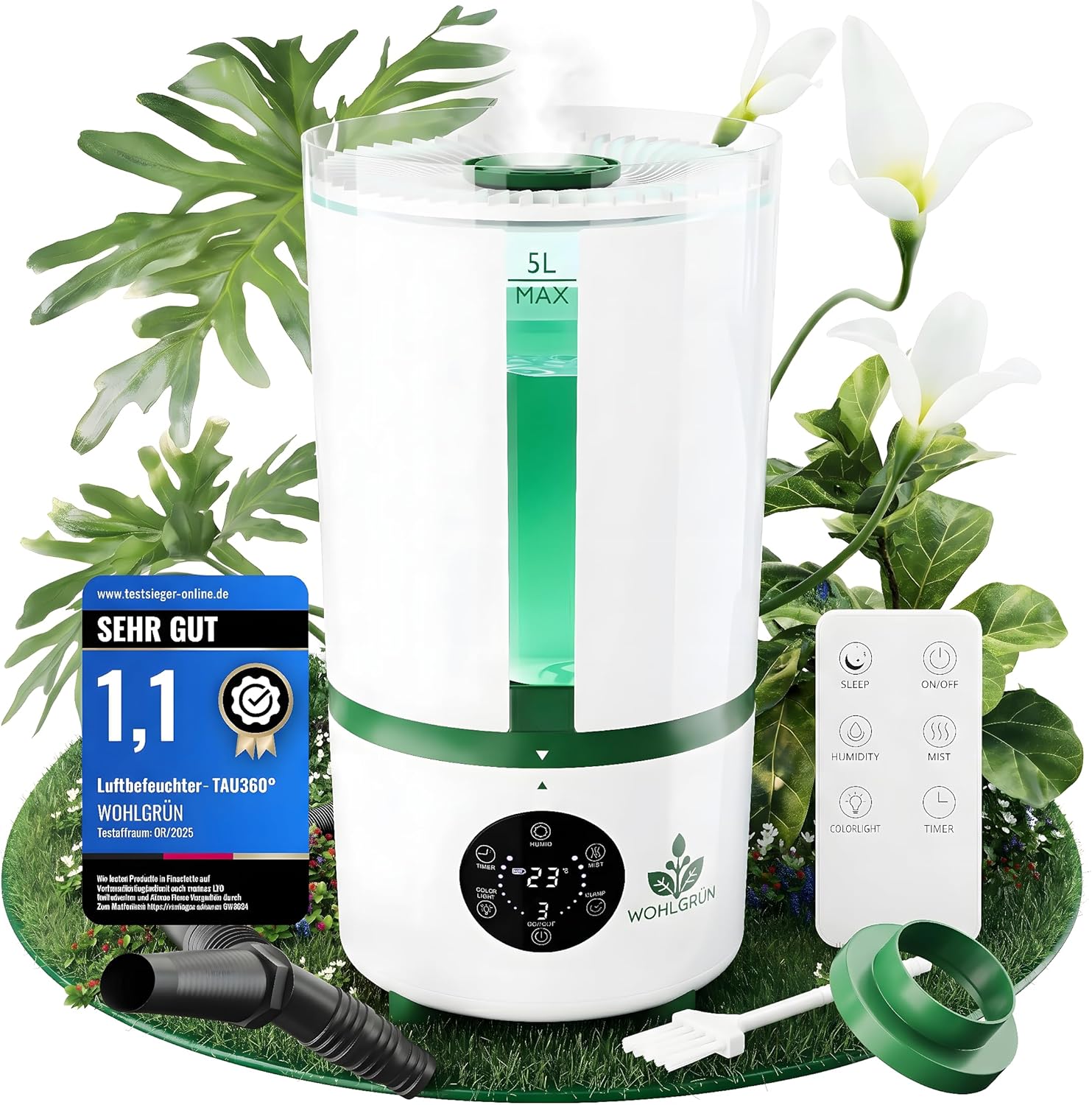 WOHLGRÜN TAU360 5L Plant Humidifier Top-Fill - Quiet <35 dB(A) for Bedroom Smart Hygrostat 360° Nozzle Hose Attachment Night Light Aroma Compartment