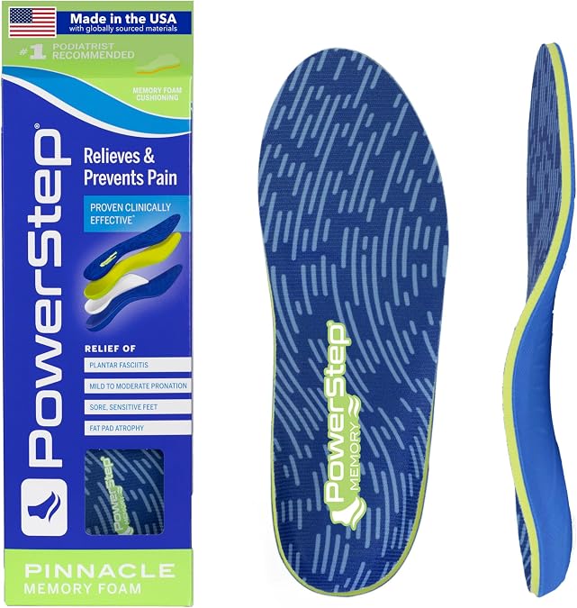 PowerStep Pinnacle Memory Foam Orthotics Insoles, Heel and Arch Support, Plantar Fasciitis Relief, Mild Pronation, Fat Pad Atrophy, Cushioned Orthotics for Men and Women, Made in the USA