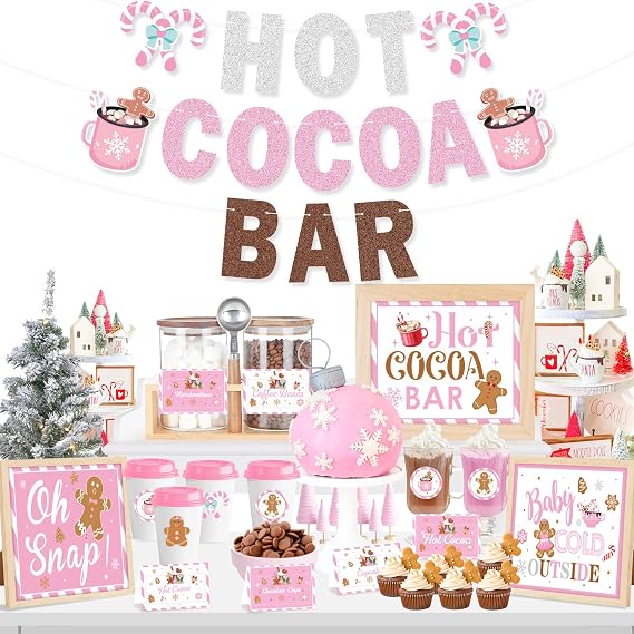Hot Cocoa Bar Kit Pink Hot Cocoa Bar Banner Cute Gingerbread Man Sign Oh Snap Toppings Tent Cards Cup Tags Stickers for Winter Baby Shower Christmas Party Baby It's Cold Outside Decorations