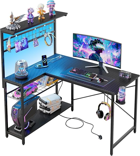 Bestier L-Shaped Gaming Desk with Power Outlets, LED Workstation with 4 Tiers Shelves for Home Office, Gamer Reversible Table with Hooks and Cup (BDCF, 106cm)