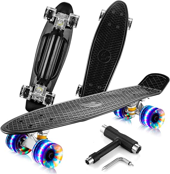 Skateboard Complete Mini Cruiser Plastic Skateboard Penny Board 22 Inch for Kids Boys Girls Beginners Teens Adults, LED Light Up Wheels with Bearings & All-in-One Skate T-Tool
