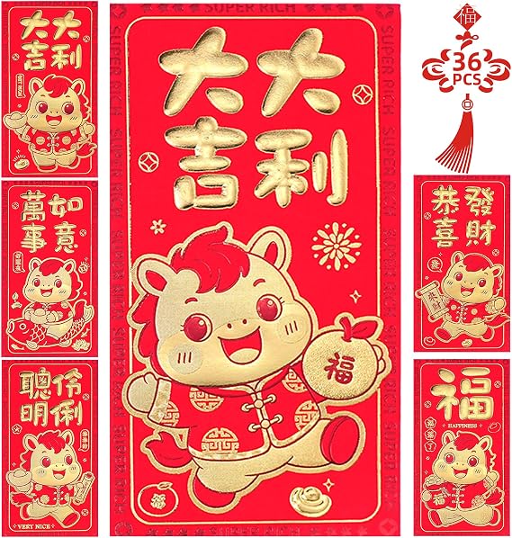 Chinese New Year Red Envelopes, 36PCS 6 Patterns KissDate 2026 Horse Lunar New Year Red Envelope Hong Bao Lai See Lucky Money Packets for Spring Festival, Wedding, Graduation