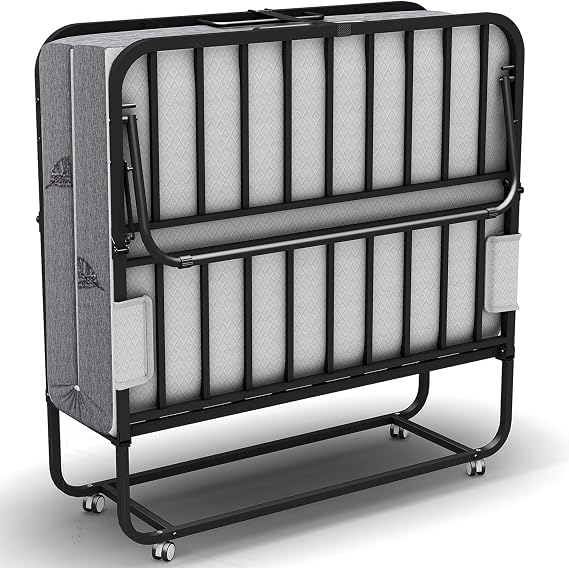 75X46 Folding Bed with Mattress Twin XL 5" Memory Foam for Adults Rollaway Portable Foldable Guest Student Extra Bed with Side Pocket, Sturdy Metal Slats Frame on Wheels Fold Up Space-Saving