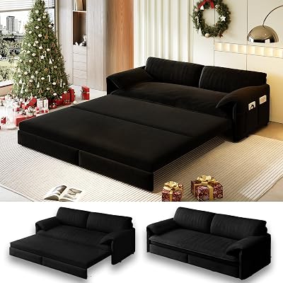 63.8 Futon Sofa Bed Queen Size, Pull Out Bed, 3-in-1 Convertible Sleeper Sofa with Side Pocket, Modern Velvet Futon Couch for Living Room, Small Space, Apartment, Bedroom, Black