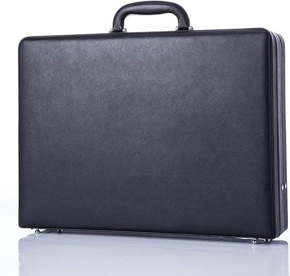 Leather Mens Briefcase Hardsided Attache Hard Shell Vintage Outlook Organized Interior- Black DA2810