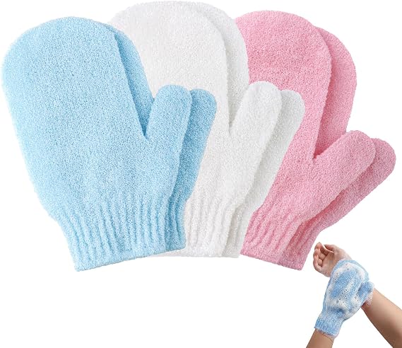 Exfoliating Gloves 6PCS, Bath and Body Exfoliating Gloves, Wash Gloves for Body, Removes Ingrown Hairs and Dead Skin Cells, Suitable for Shower, Massage, SPA(White+Blue+Pink)