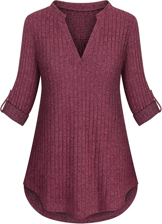 Viracy Womens 3/4 Roll Sleeve Shirt Notch V Neck Loose Pattern Tunic Top