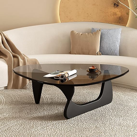 Triangle Coffee Table Glass Top,Mid-Century Modern Abstract End with Wooden Base,Small Center for Living Room Home Office(36 * 25.5 16 inch, Gray-Black)
