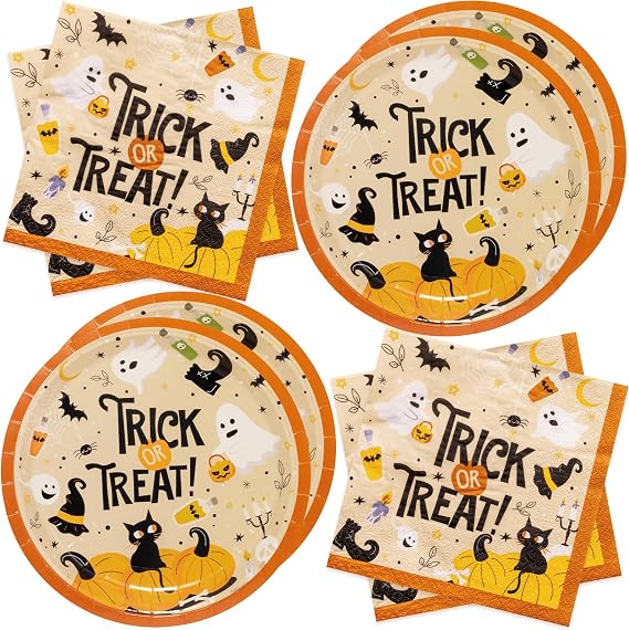ZVK Trick or Treat Paper Plates and Napkins Set 60 Pieces Happy Halloween Party Dinner Plates Paper Napkins Disposable Dinnerware for Halloween Children's Party