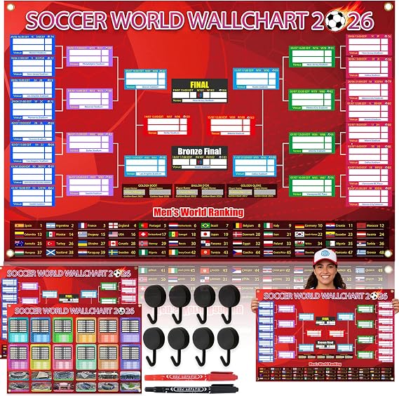 2 PCS World Cup Schedule Poster Soccer Party DecorationsSoccer Party Decorations Knockout Stage Bracket Wallchart & Group Stage Wallchart Showcase Waterproof Backdrop Banner Sports Event Merchandise Football Fans Gifts with Hook 33x24"