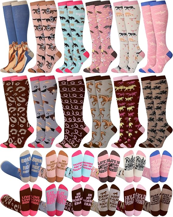 Xtinmee 12 Pairs Funny Horse Riding Socks for Women Girls Knee High