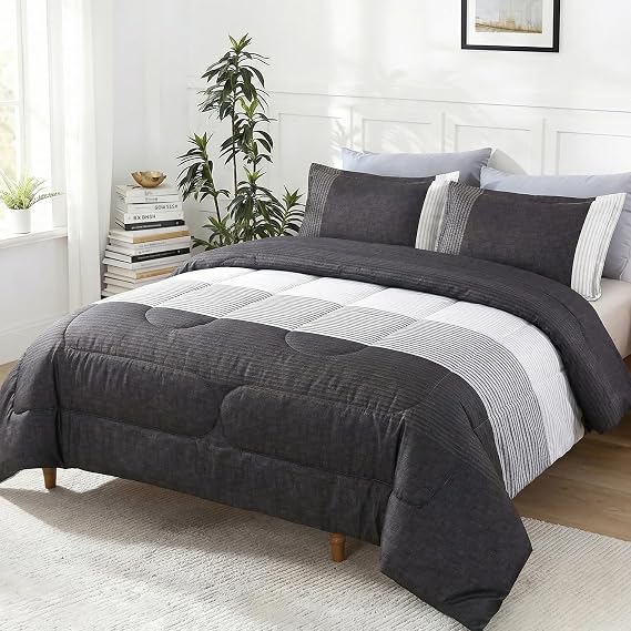 PERFEMET Queen Comforter Set Black, 3 Pieces Striped Pattern Bedding Set Masculine Down Alternative Comforter, All Season Lightweight Bed Set Black Gray and White for Teen Boys Men